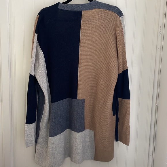 Lucky Brand Patchwork Open Long Cardigan Navy Gray Tan Textured Loose size XS - Picture 8 of 12